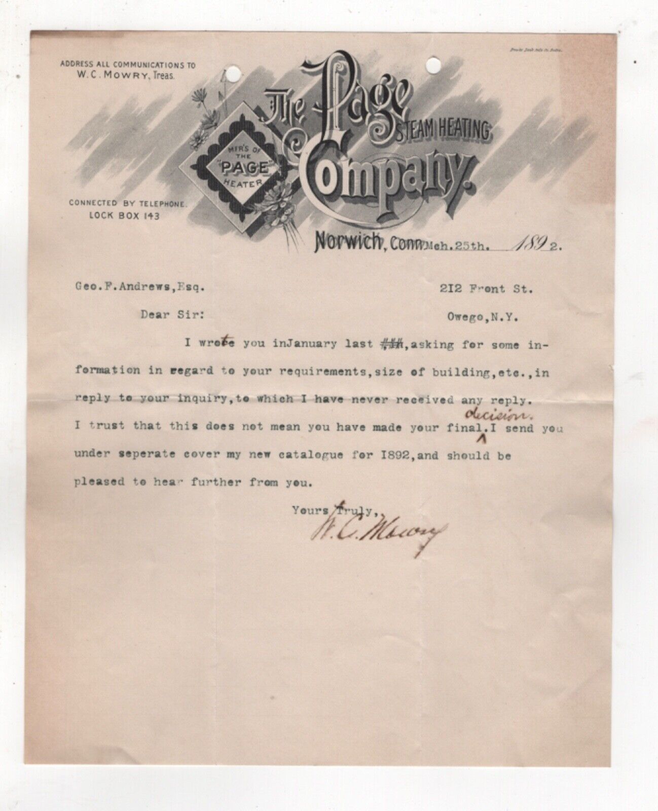 1892 PAGE STEAM HEATING COMPANY LETTERHEAD NORWICH CT WC MOWRY