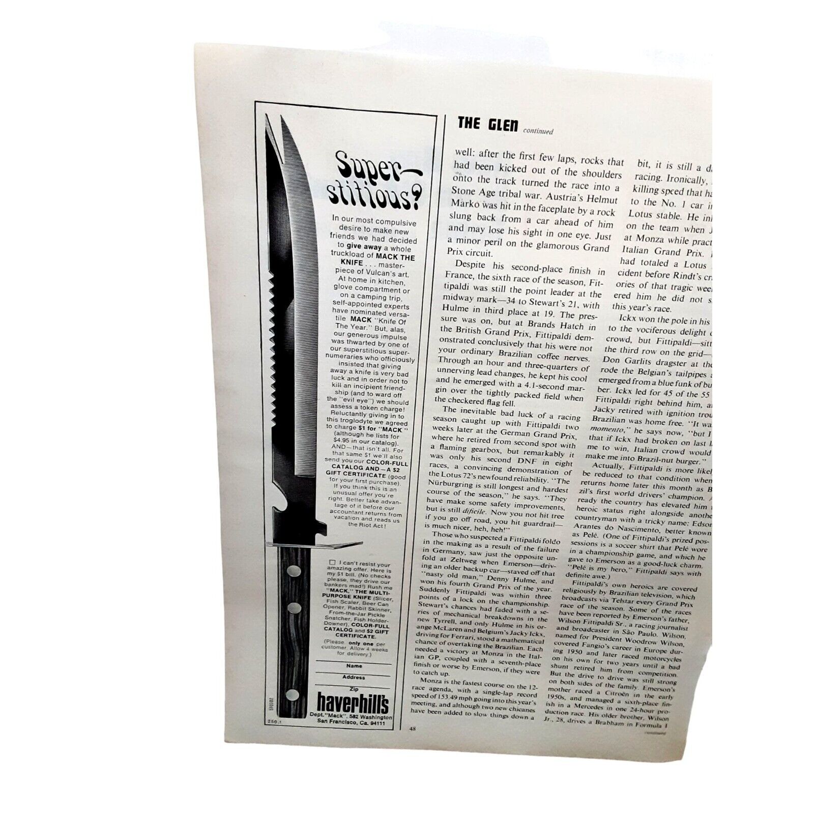 1972 Haverhills Mack The Knife Vintage Print Ad 70s Original
