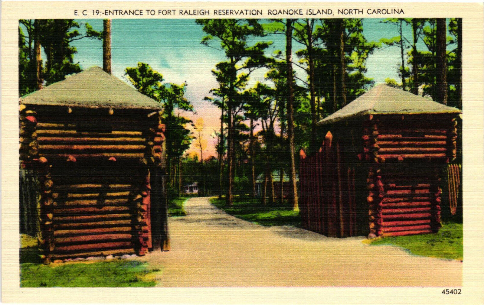 Linen Postcard Entrance to Fort Raleigh Reservation Roanoke Island NC Unposted