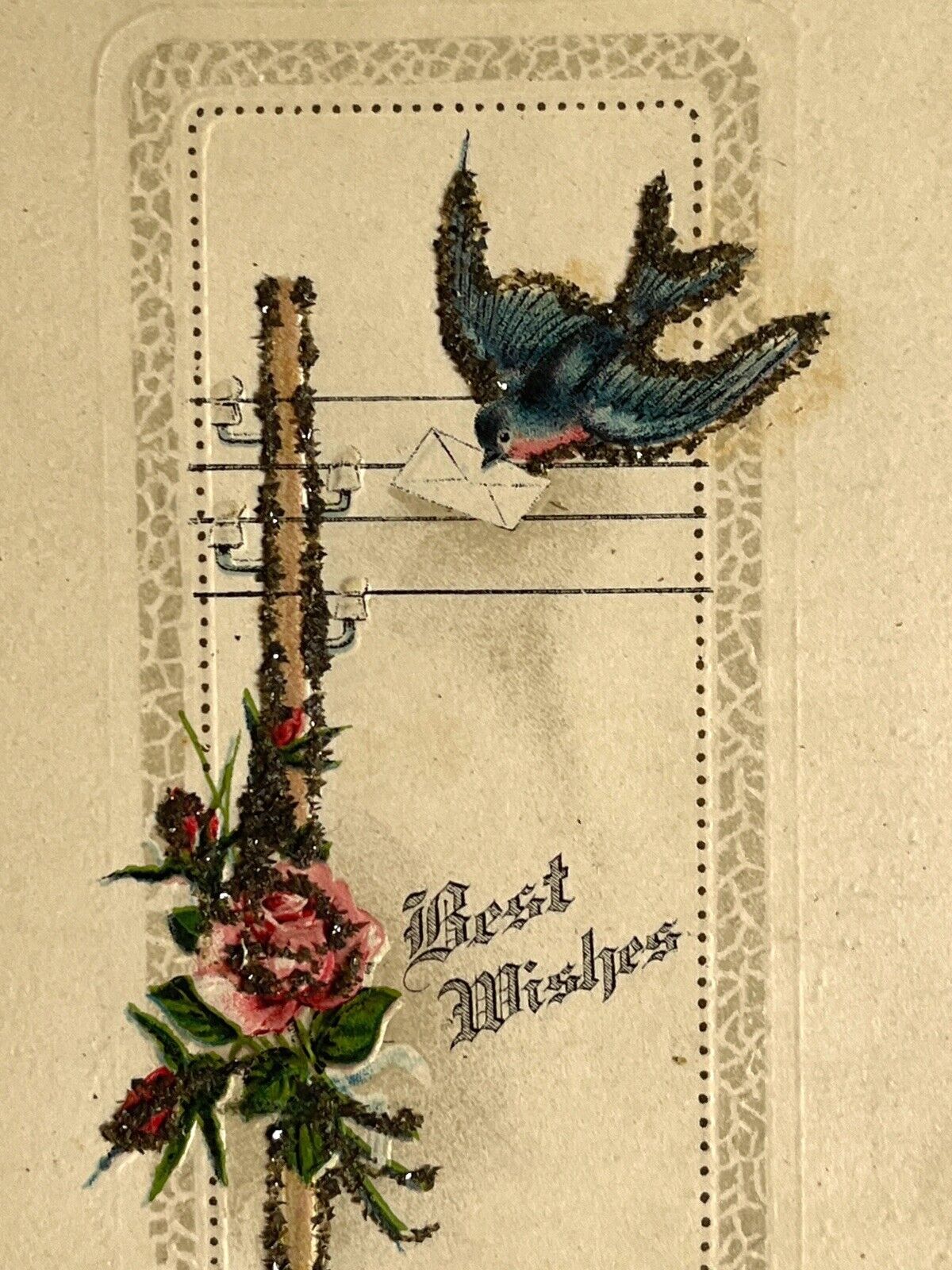 Antique 1917  Postcard Ephemera Embossed Unposted Signed Sparrow Flower Rose SEE