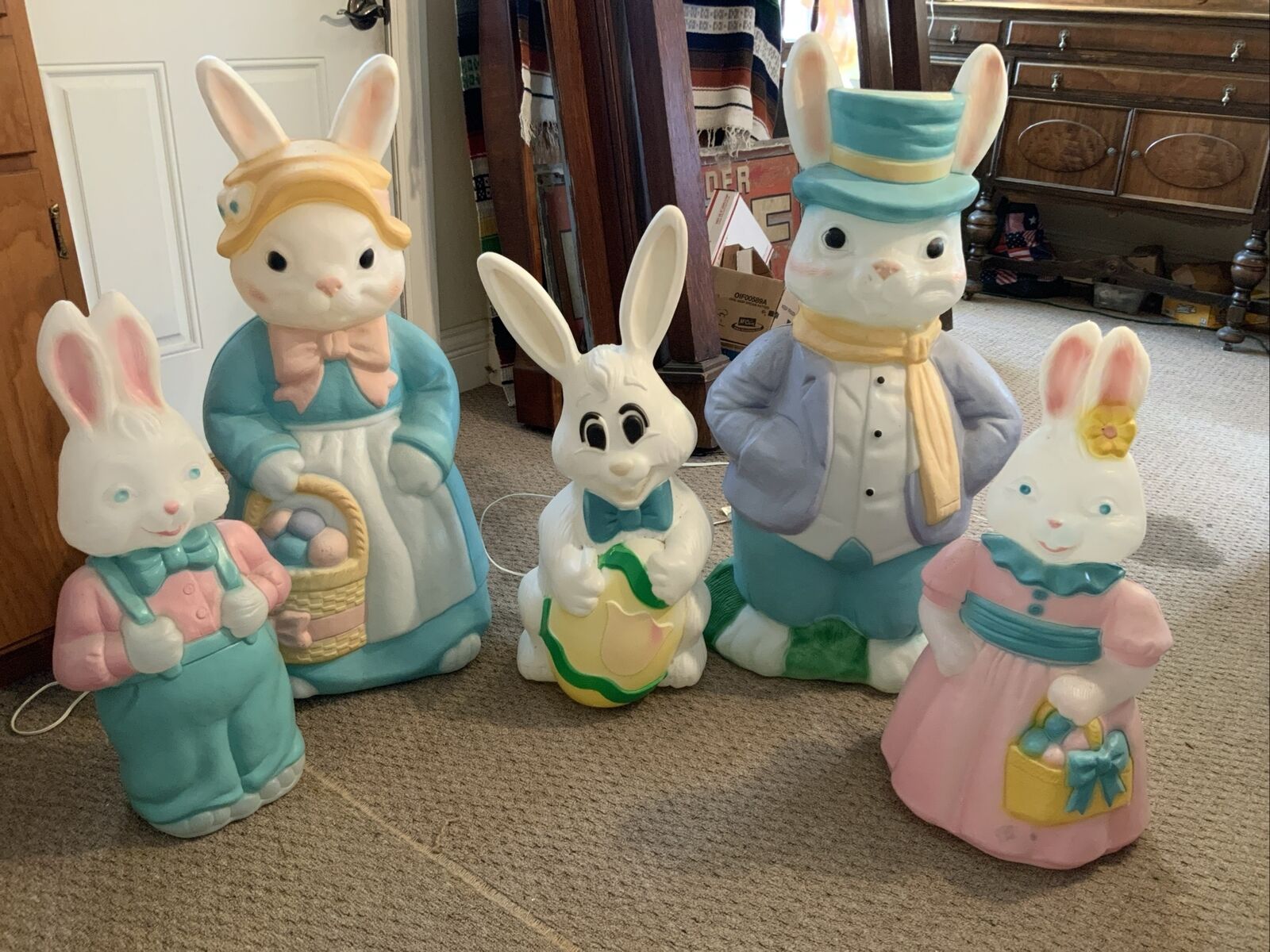 Vintage 5pcs Mr. & Mrs. Easter Bunny Rabbit Egg Blow Mold Family Set