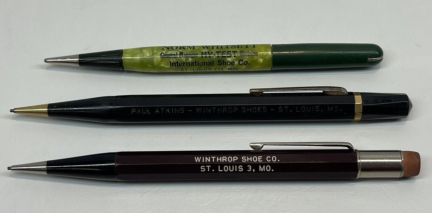 Vtg St Louis MO Mechanical Pencil Winthrop Shoe Co Lot of 3 International Shoe