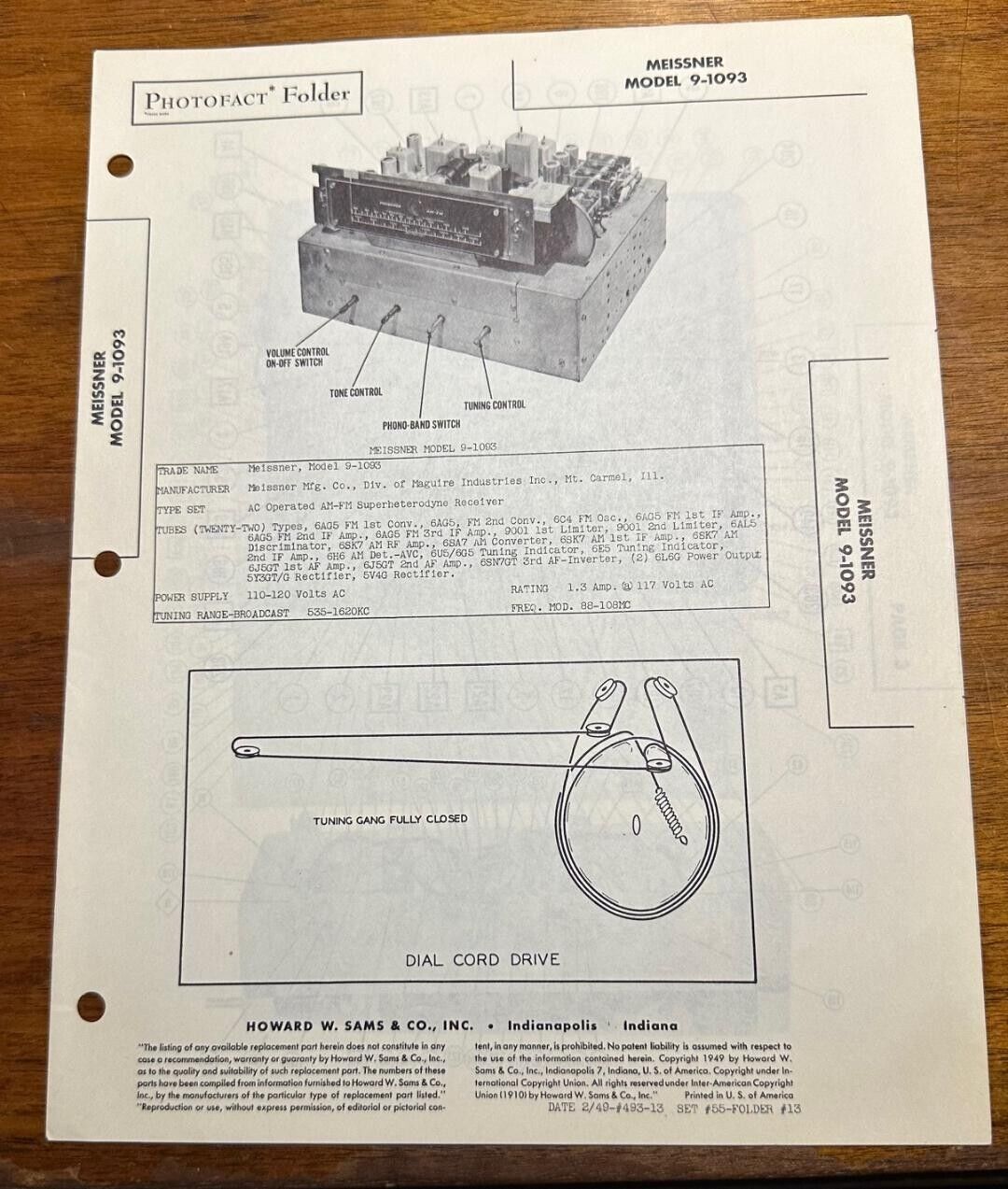 1949 Meissner 9-1093 Photofact Service Manual Foldout Folder