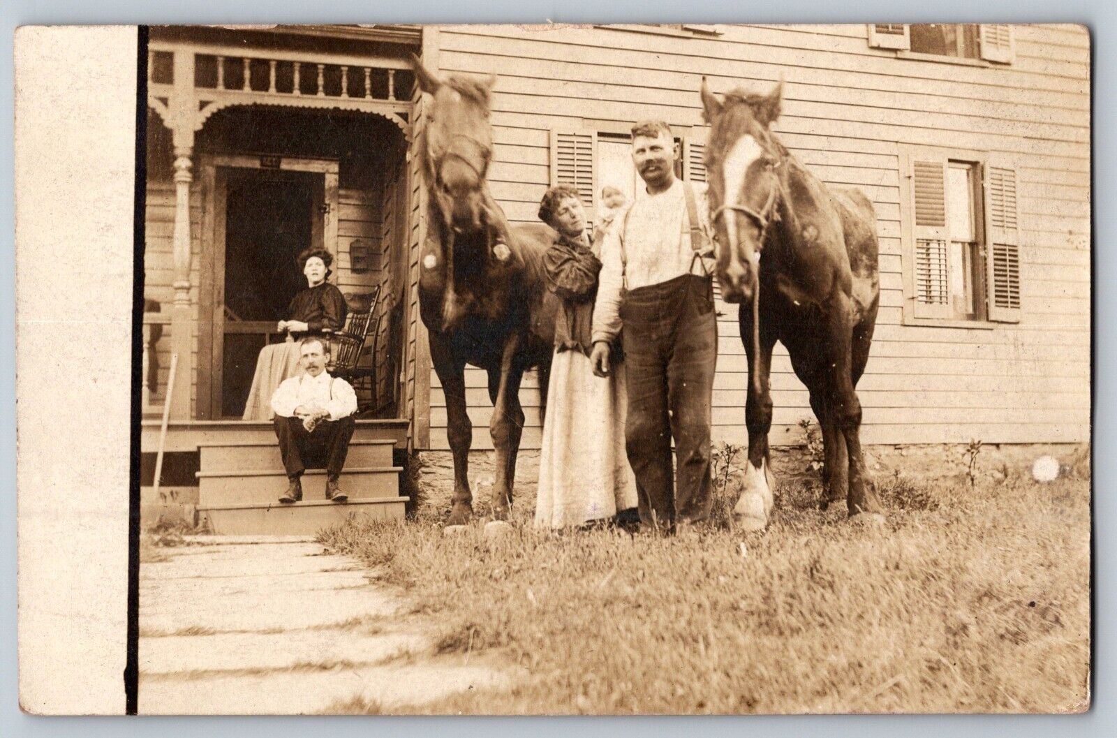 RPPC Family Posing in Front of House with Horses and Baby Unknown Location 1910s