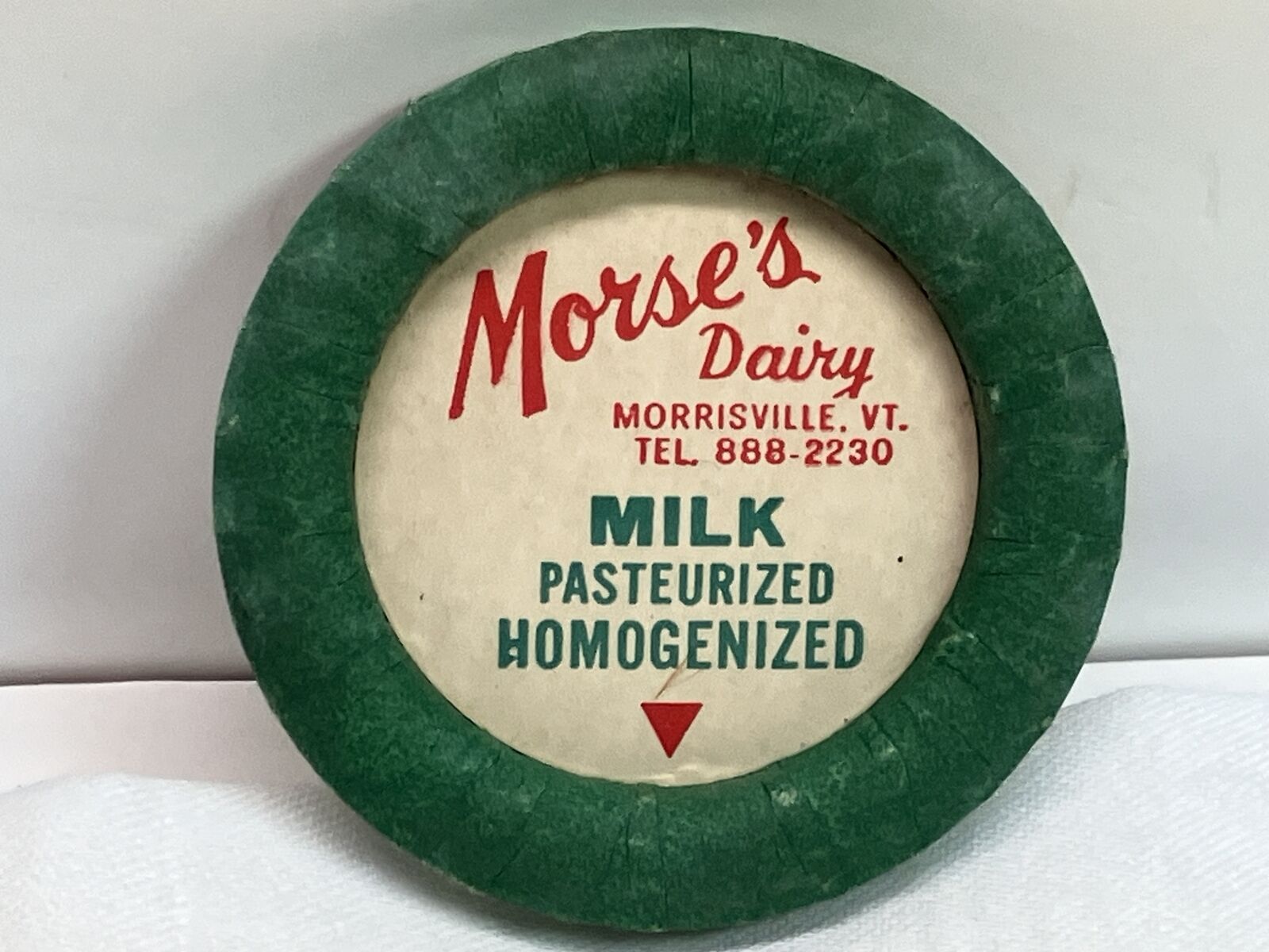 Vtg Milk Bottle Cap Morse\'s Dairy Morrisville VT Pasteurized Homogenized NOS