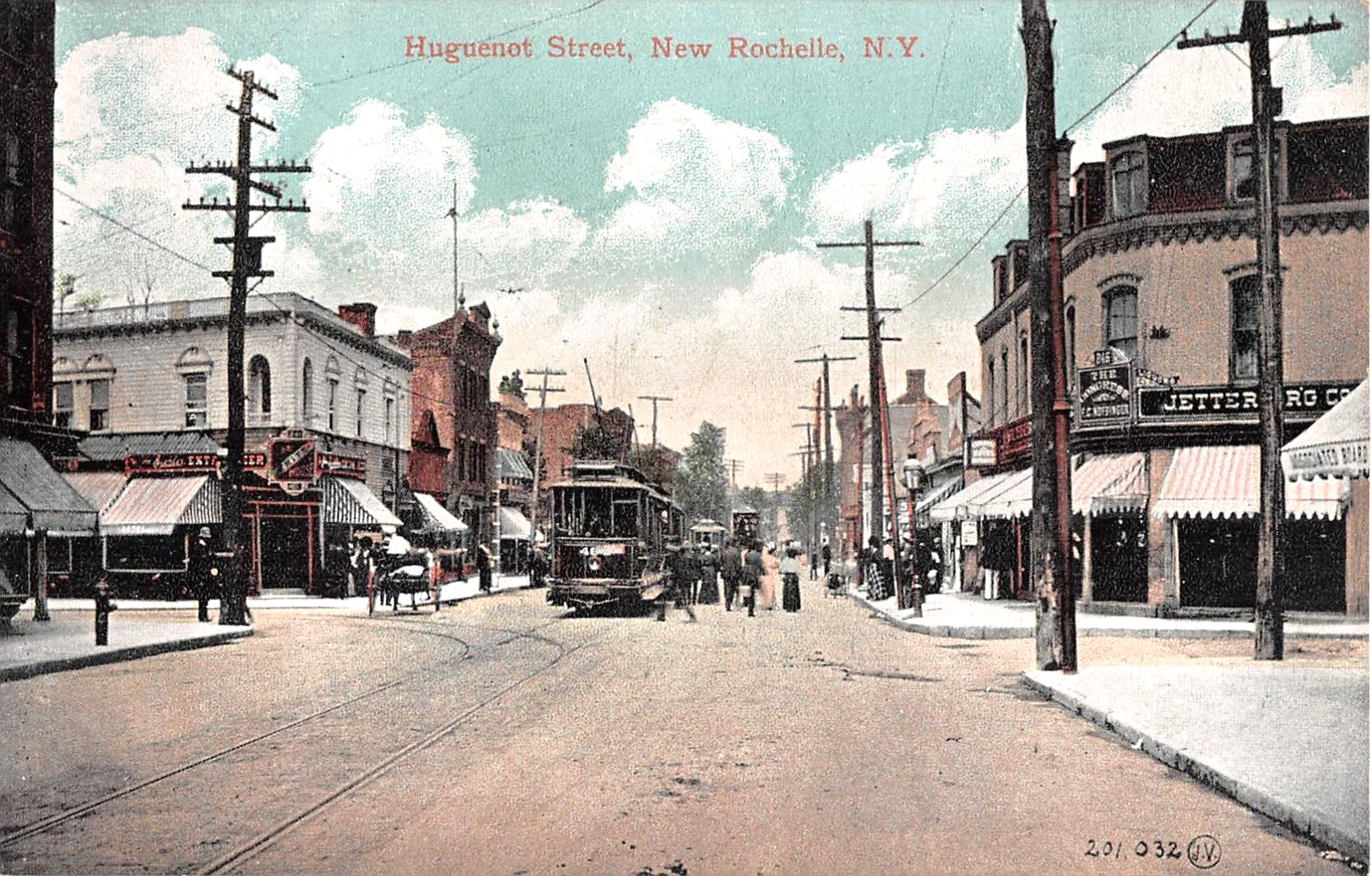 c.1910 Stores & Trolley Huguenot St. New Rochelle NY postcard Westchester county