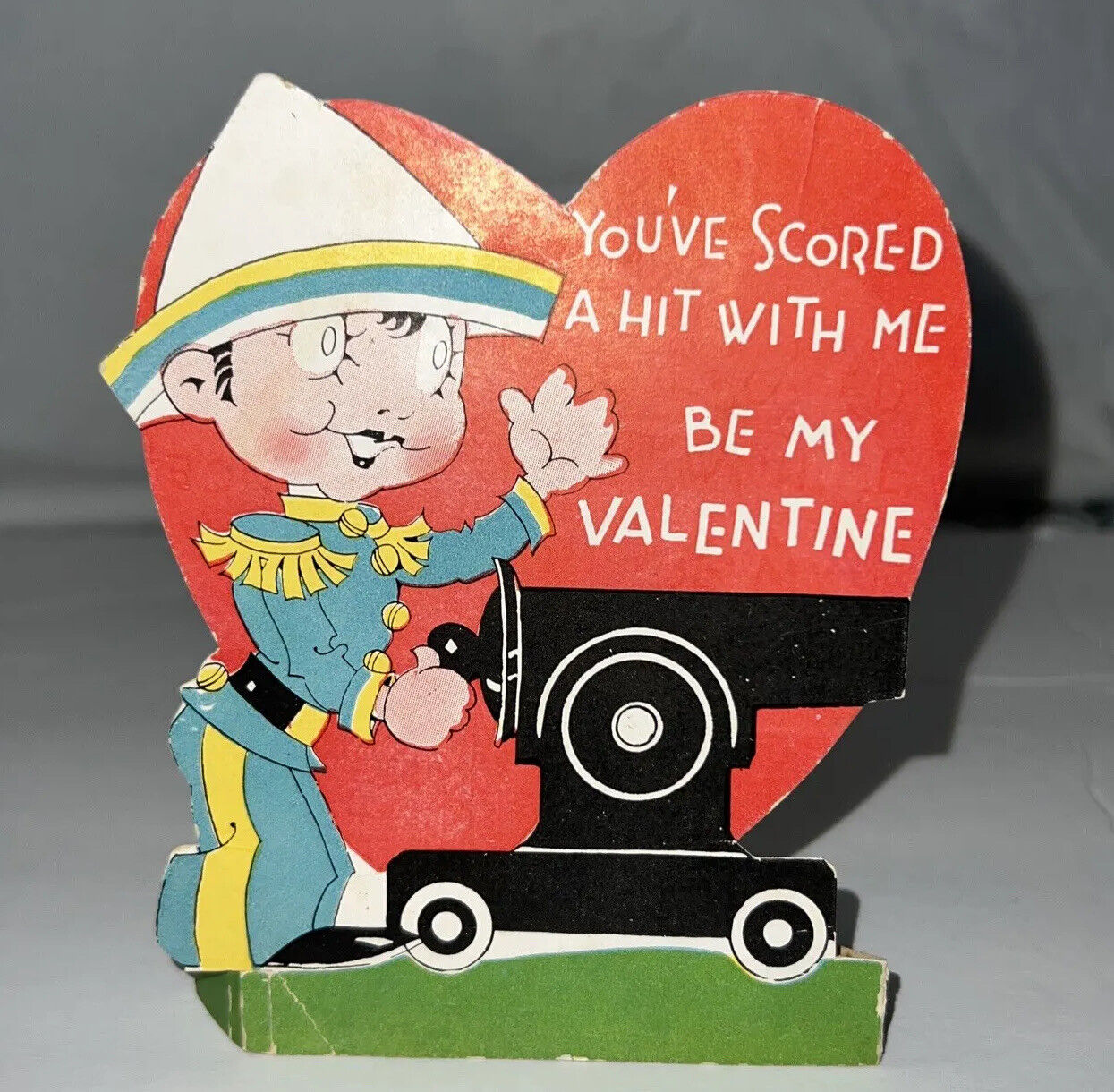 Vintage Used Valentine Card Stand Up You’ve Scored A Hit With Me Soldier Canon
