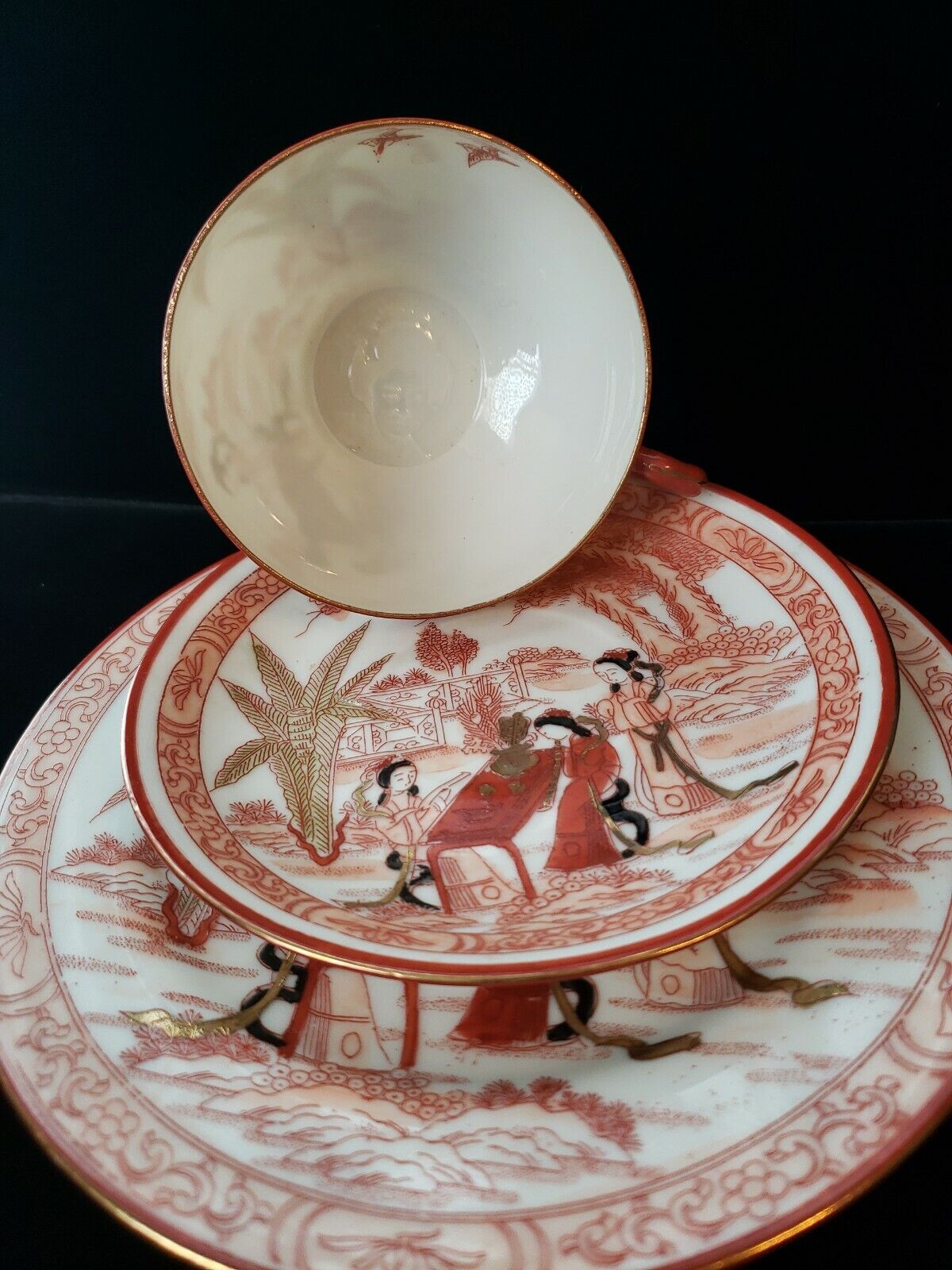 Vintage Lithophane Geisha Face Eggshell Porcelain Tea Cup Saucer Plate Trio 3 Pc