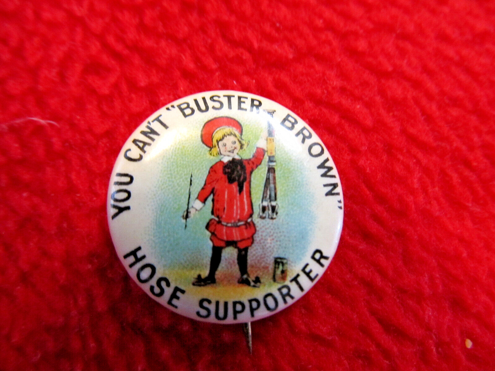 Antique BUSTER BROWN HOSE Supporter Celluloid Pinback Advertising Pin