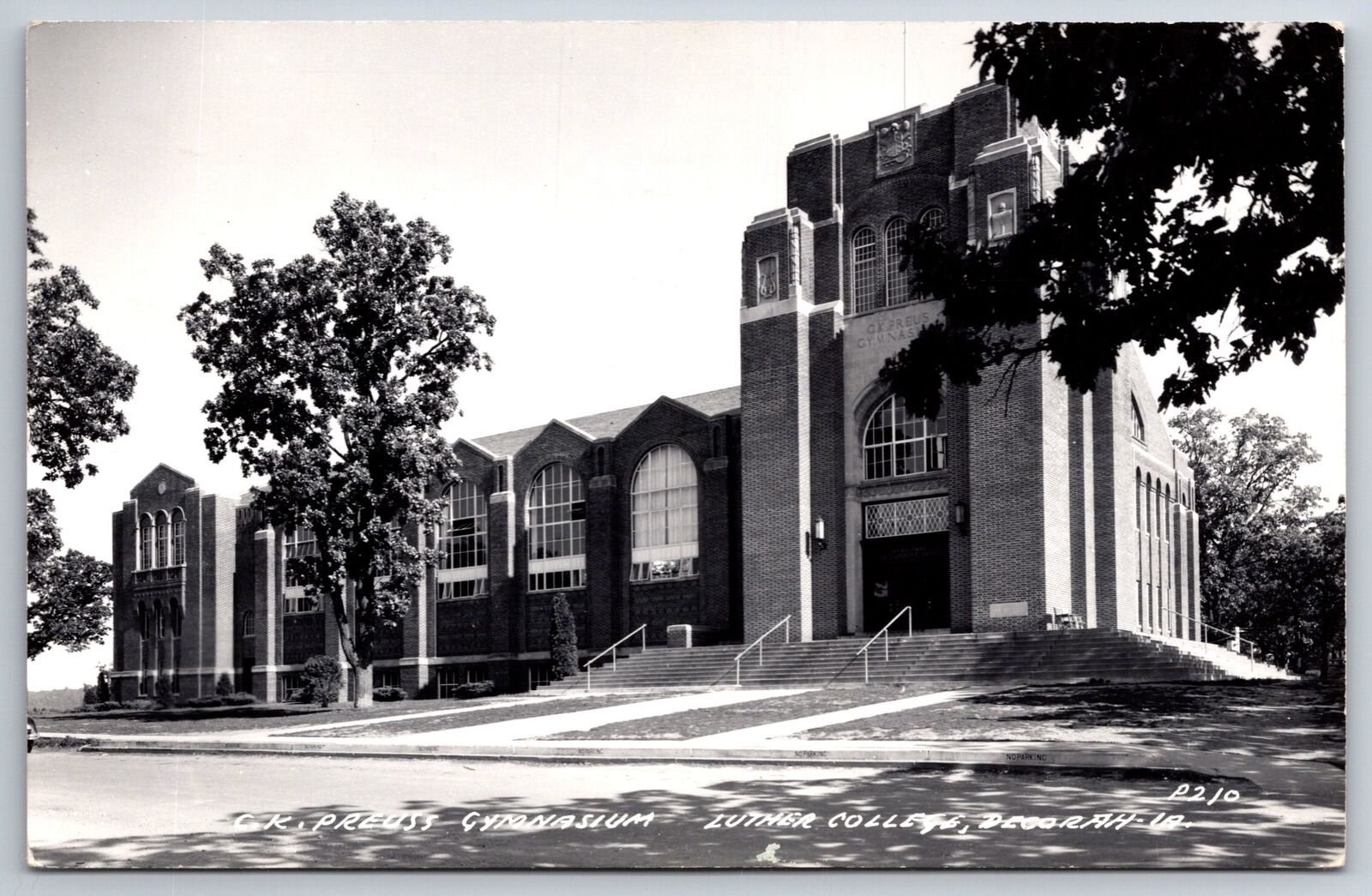 RPPC~Decorah Iowa~Gymnasium Bldg @ Luther College~PM 1956~Real Photo Postcard