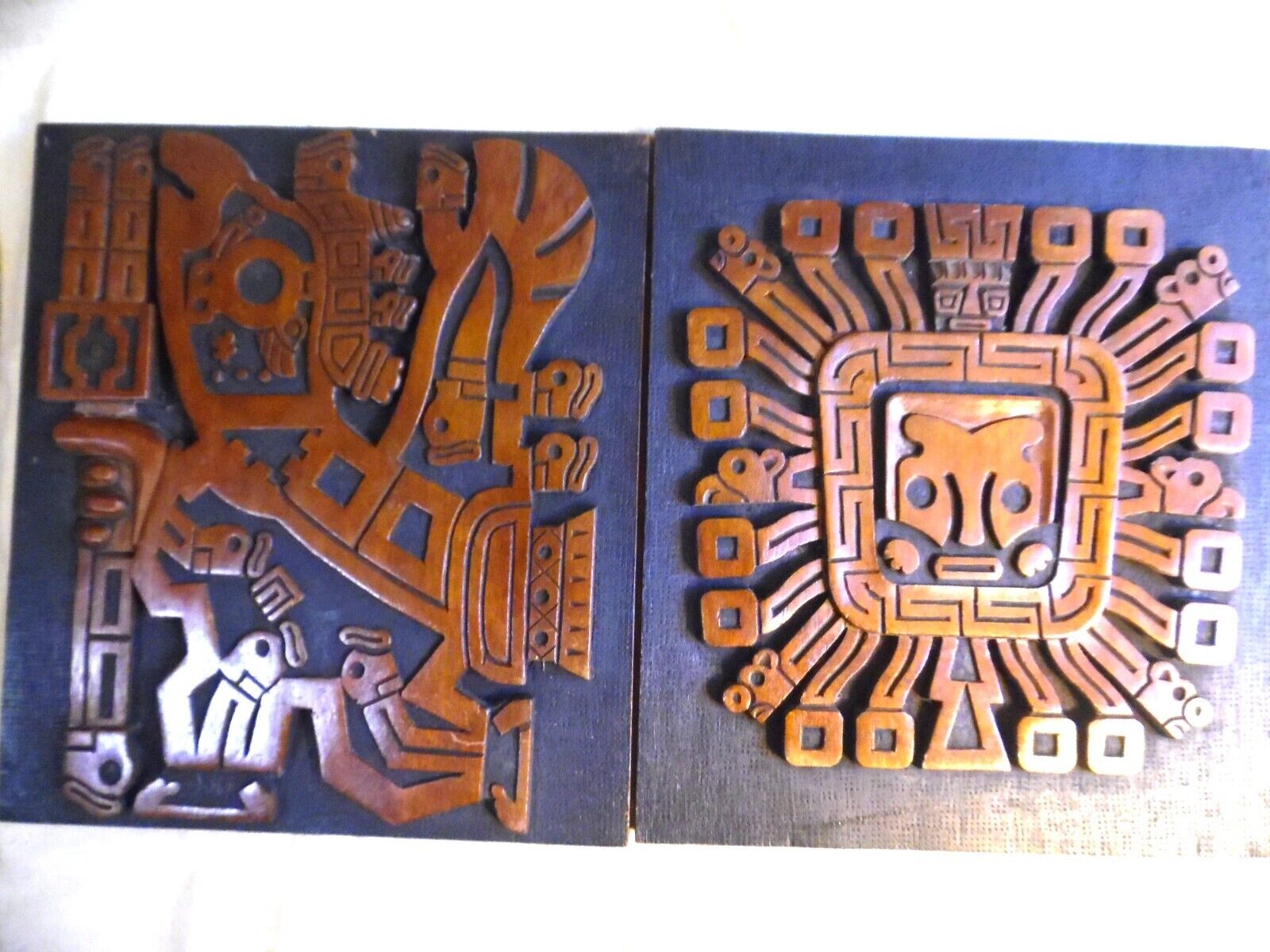 Vintage Wood Carvings Wall Hanging Inca Gods Mexican Folk Art By Justiniano