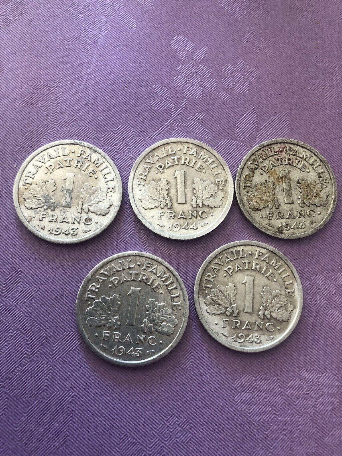 WW II  French State 1943 1 Franc Coins Aluminium Lot of 5 French Coins