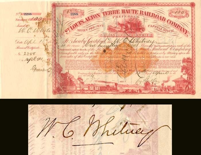 Issued to W.C. Whitney and signed by Charles Butler - Autographed Stocks & Bonds