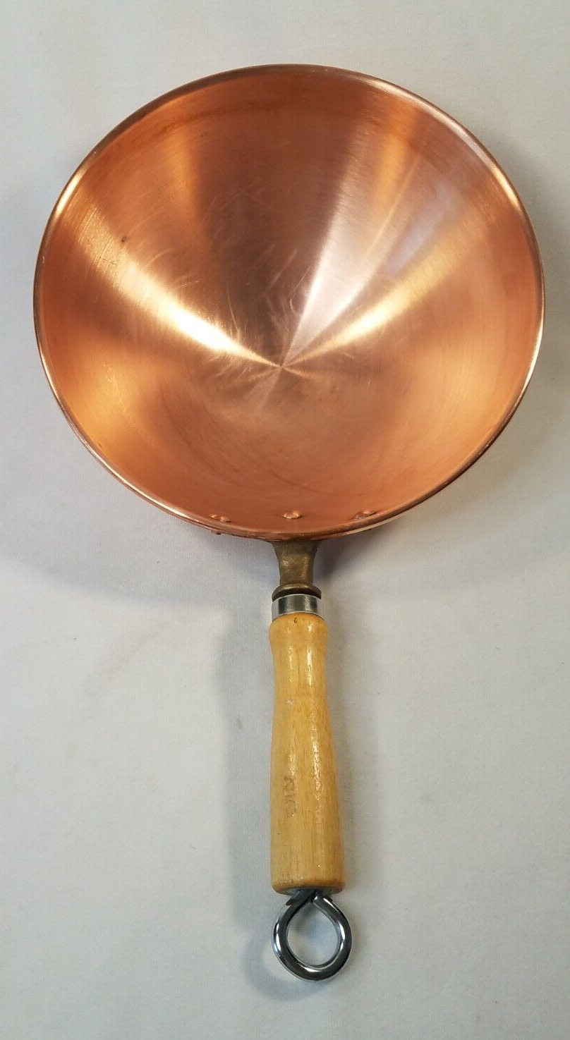 Vintage Copper Whipping Bowl Pot Round Zabaglione Wood Handle 10.25\