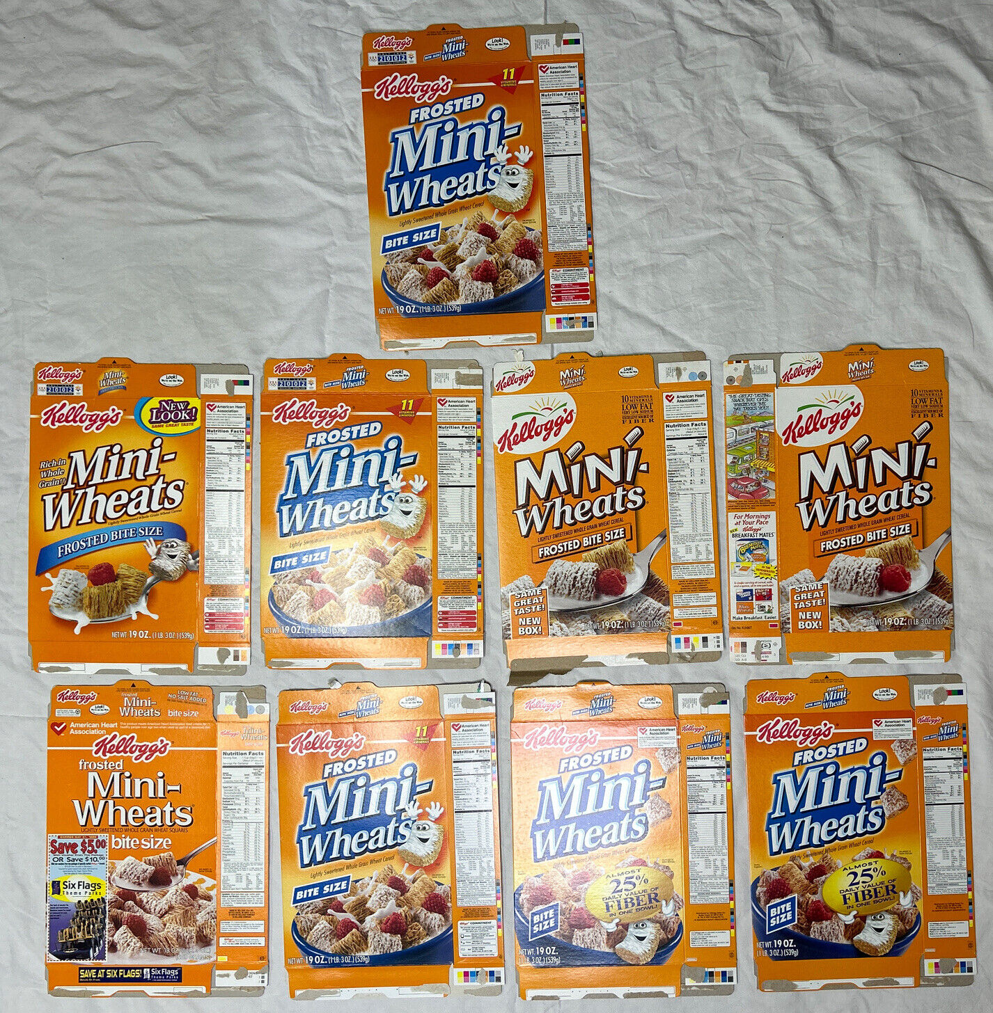 1990's-2000's Empty Frosted Mini-Wheats 19OZ Cereal Boxes Lot of 9 SKU U199/224