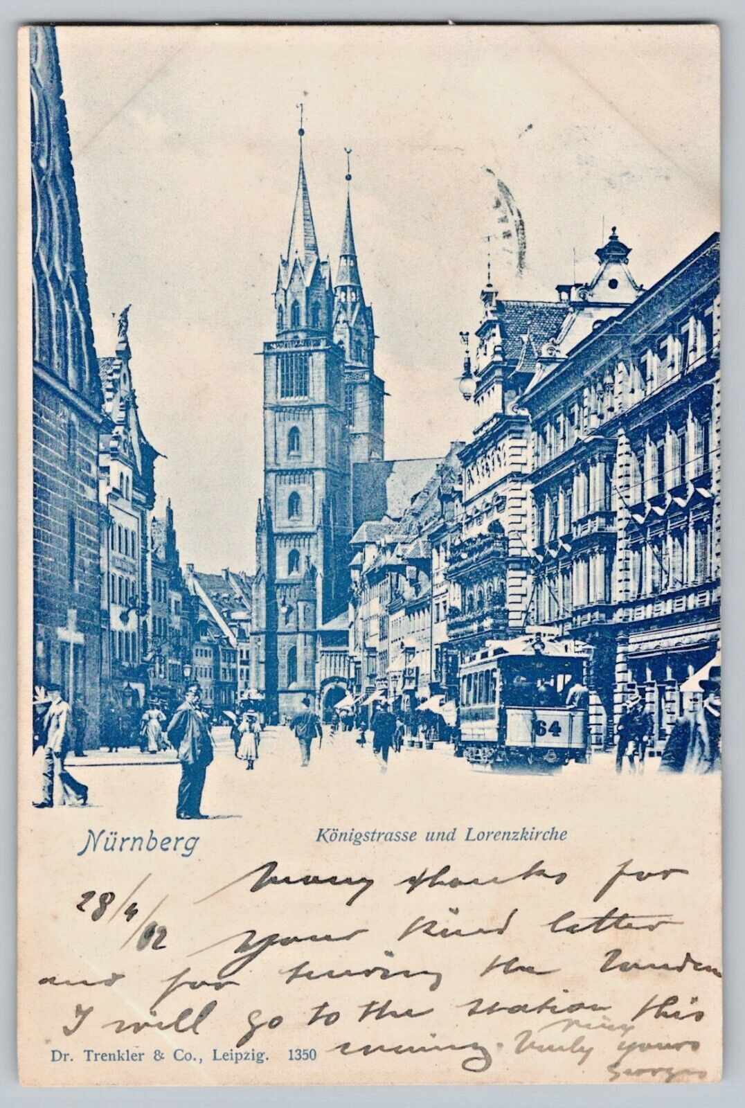 NURNBERG GERMANY~KONIGSTRASSE und LORENZKIRCHE~1902 DR TRENKLER  PHOTO POSTCARD