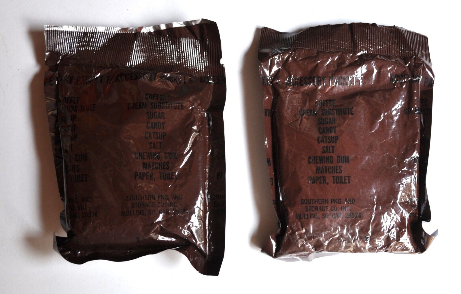 Two Original Vintage US MRE Brown Bag Accessory Packets. Complete and Unopened