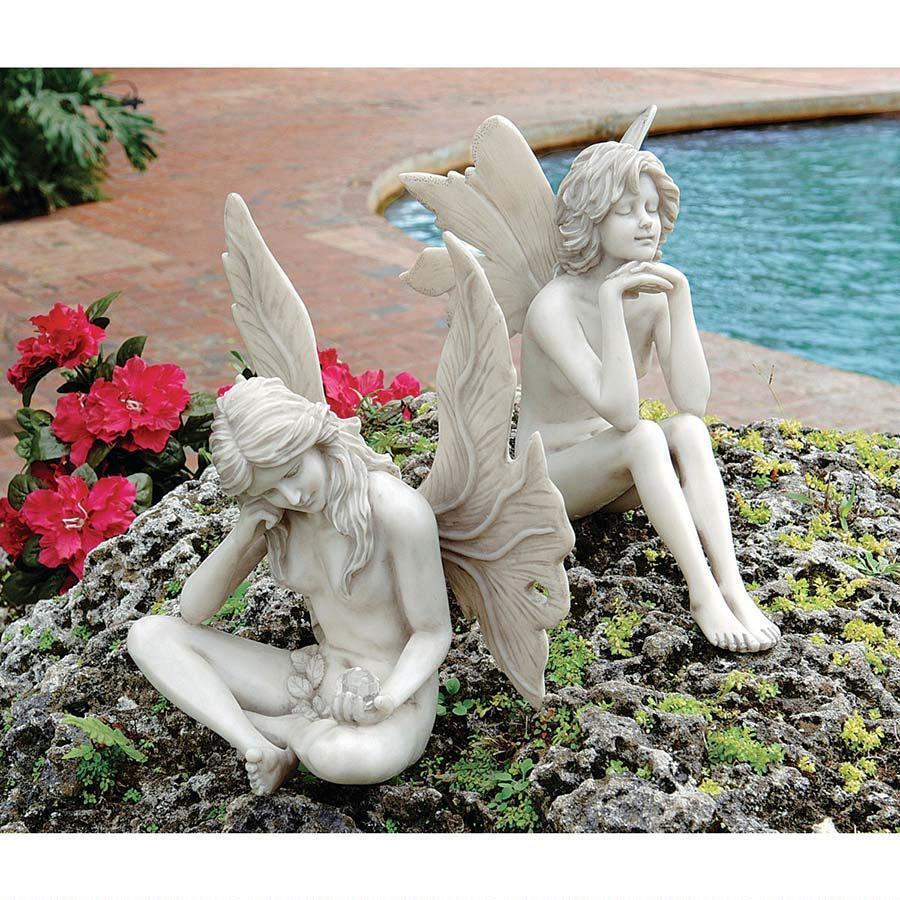 Set of 2: Pensive, Dreaming Pose Sitting Butterfly Winged Fantasy Garden Statues
