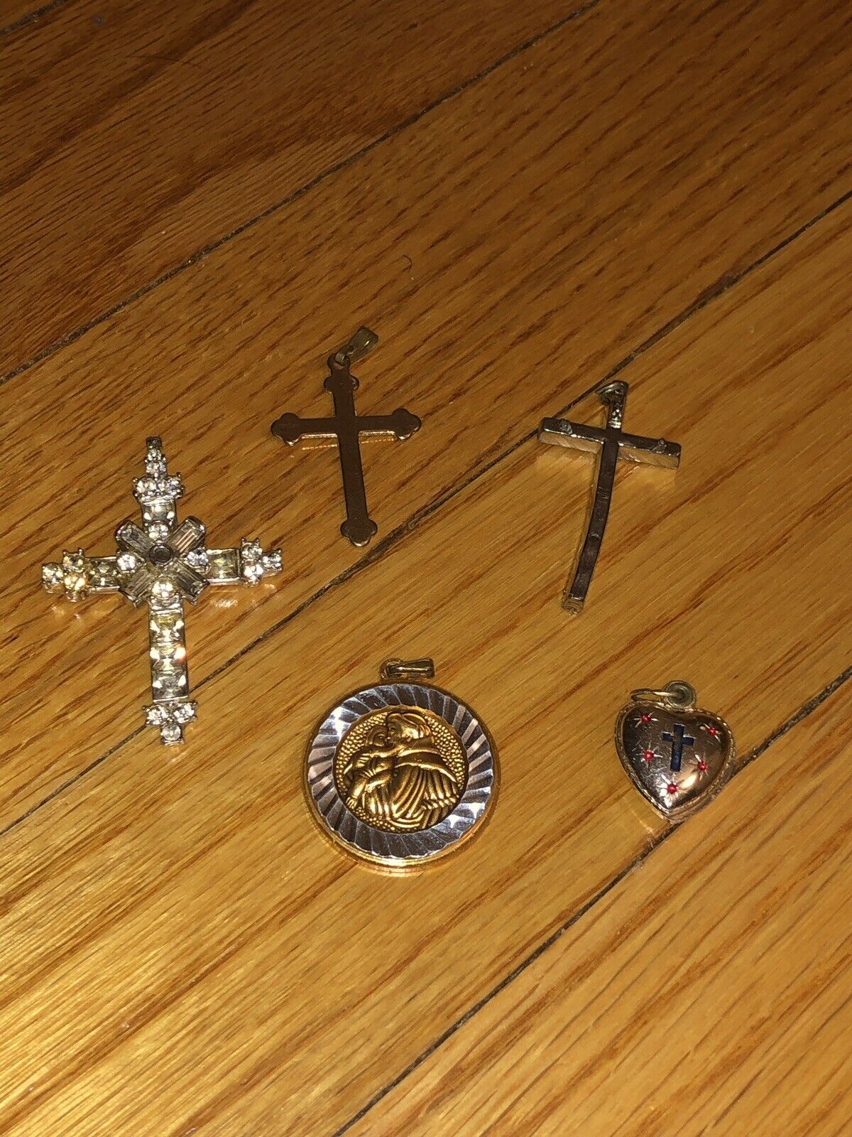 5 RELIGIOUS Pendants CRYSTALS CROSS St Anthony\'s Catholic Jesus Gold Plat Heart 