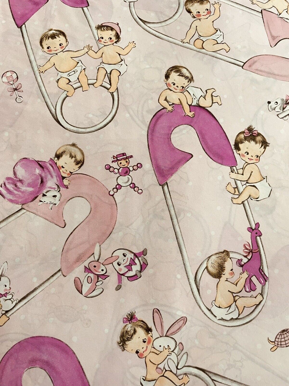 VTG WRAPPING PAPER GIFT WRAP 1950 NOS ADORABLE BABY PIN ON PINK FOR SHOWER
