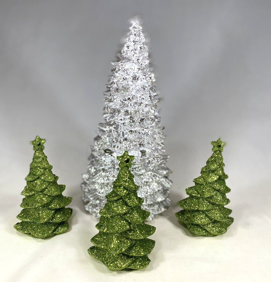 4 Christmas Trees Holiday Evergreen Bling Silver And Green Decor Mantle Nativity