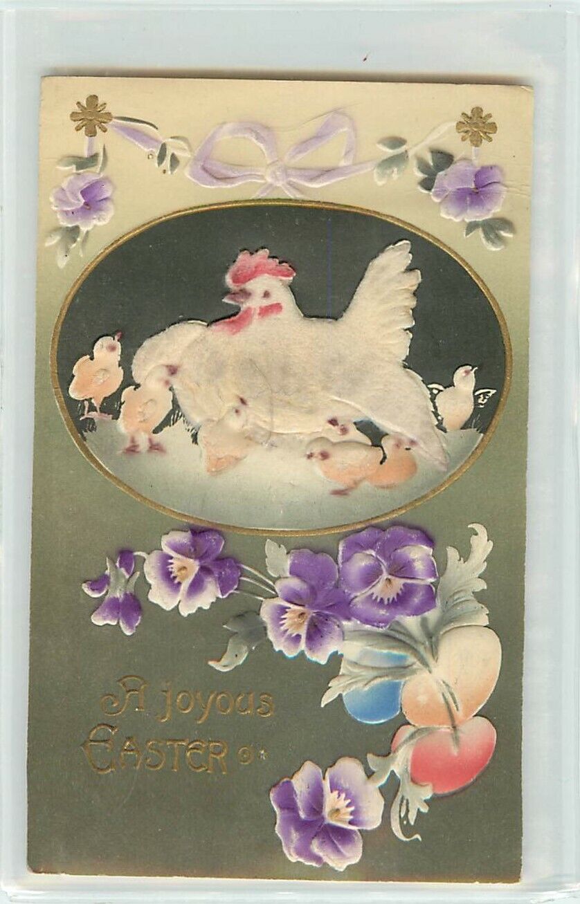 c1907 Embossed Easter Postcard Egg Vignette Hen & Chicks Velveteen Applique