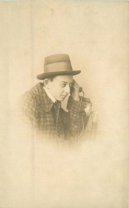 Candlestick Telephone C-1910 Young Man RPPC Photo Postcard 20-6956
