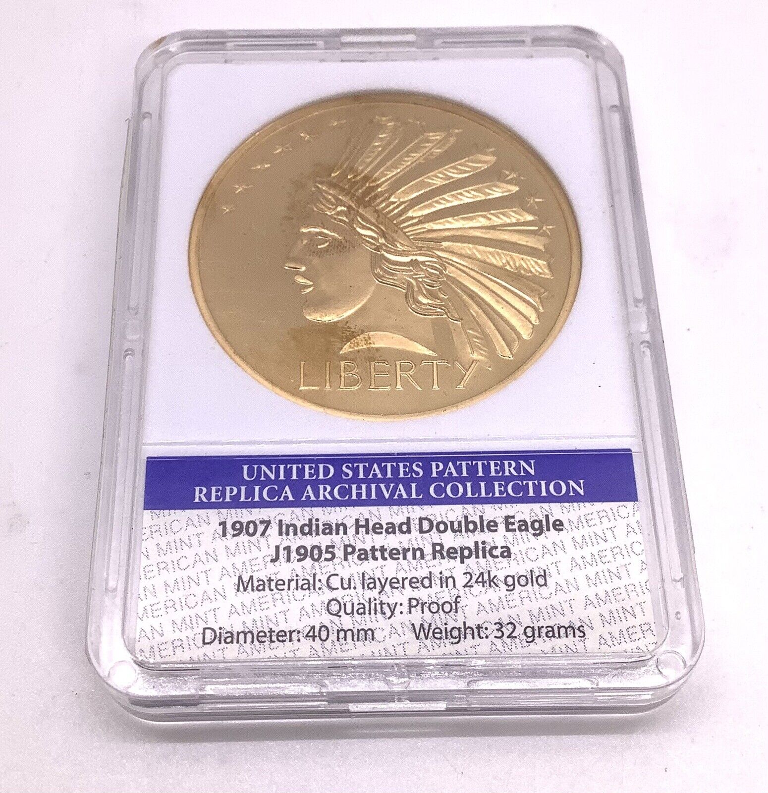 American Mint 1907 Indian Head Double Eagle Replica Proof Layered 24 K Gold 20$