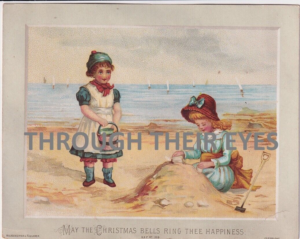 Original Victorian Christmas card girls playing on beach  1880\'s
