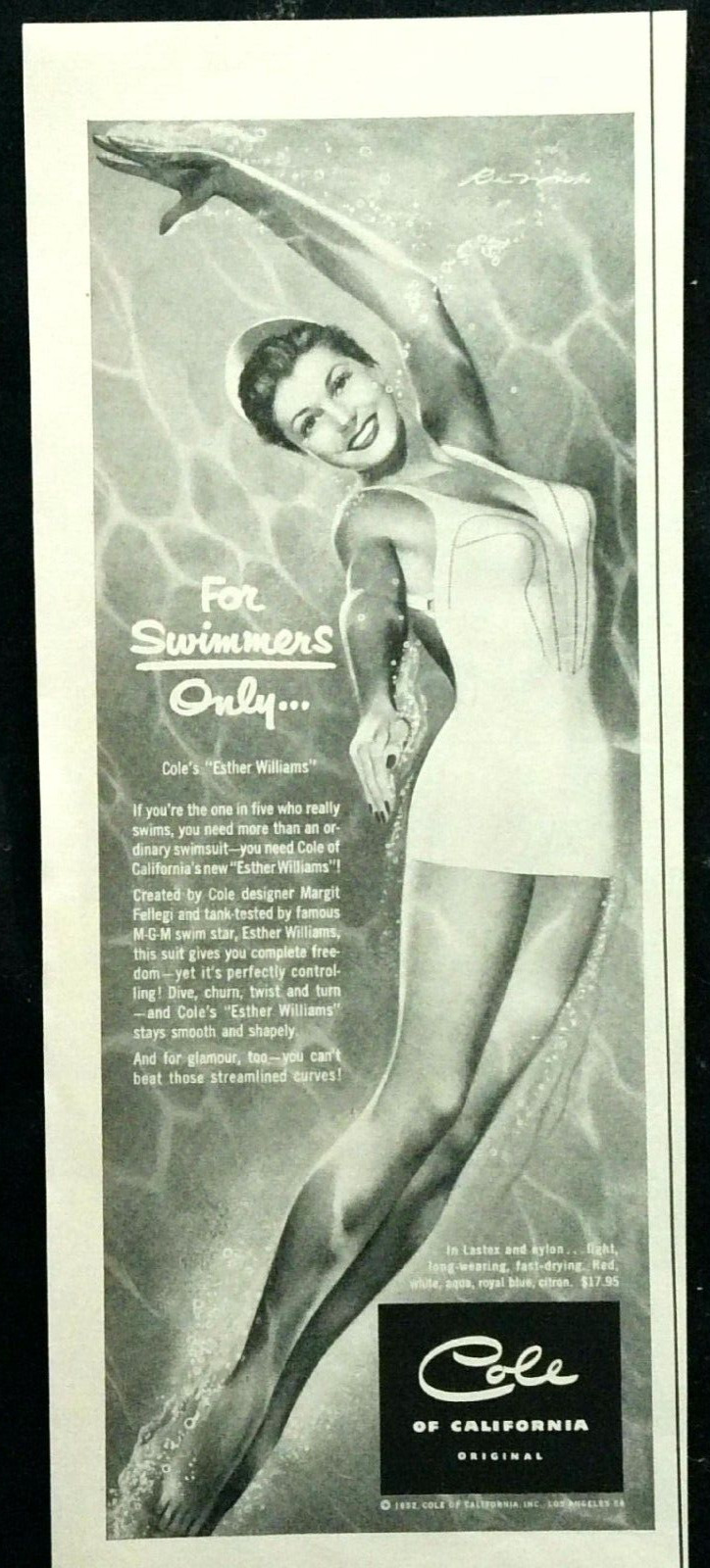 1952 Cole of California Swim Suit  Vintage PRINT AD MGM Star Esther Williams