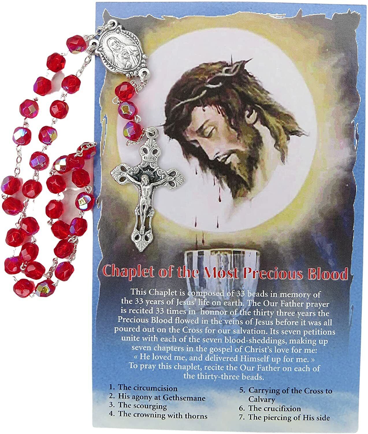 Most Precious Blood Chaplet with Red Holy Prayer Beads and Prayer Card