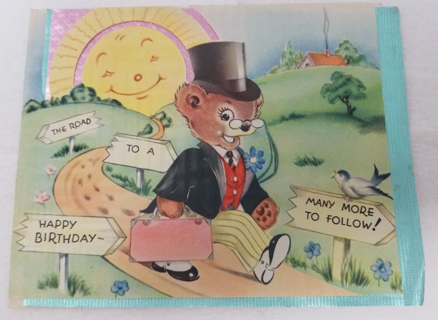 Birthday Card 1930s Teddy Bear Mixed Media The Road to a Happy Birthday Signed