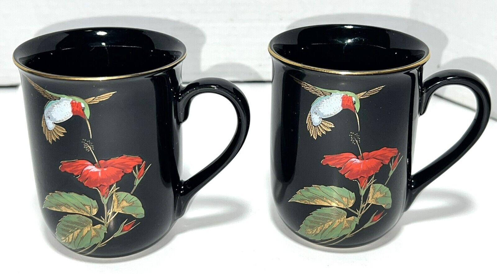 Set 2 Otagiri Japan Gibson Cards Black Gold Hummingbird Hibiscus Pair Mugs Cups