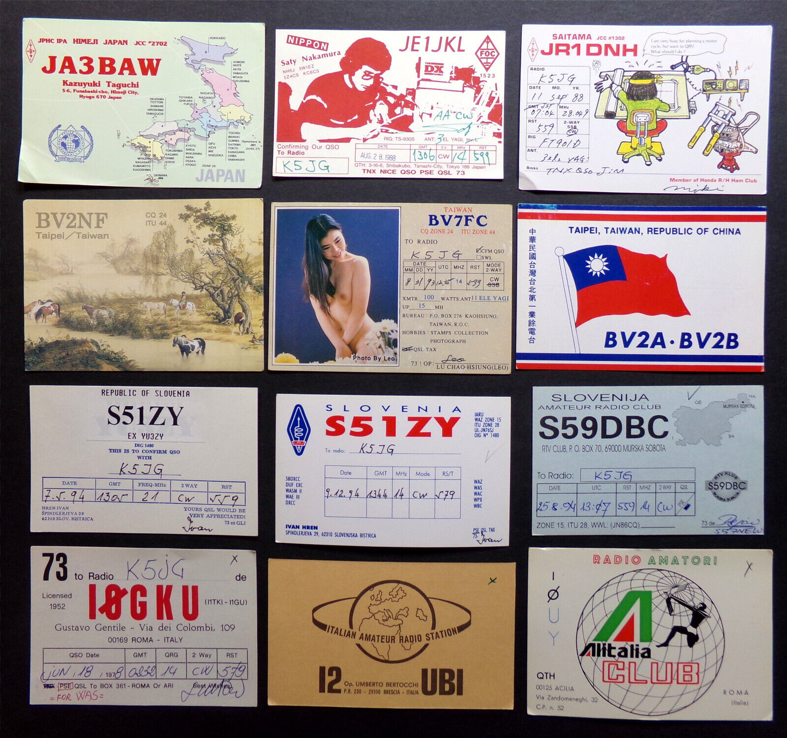 QSL CARD LOT: Japan, Taiwan, Slovenia, Italy, Signal Test Am. Radio, SET #GP-068