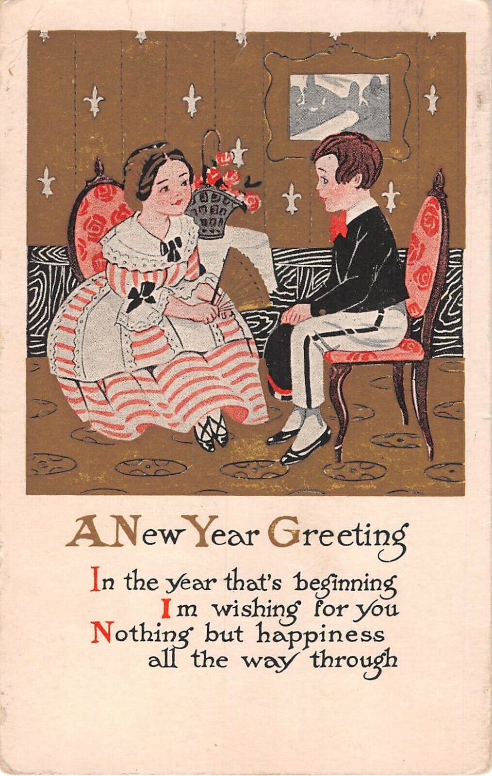 1916 Art Deco New Year PC-Little Boy & Girl Visiting in a Parlor-Gibson Art Co.