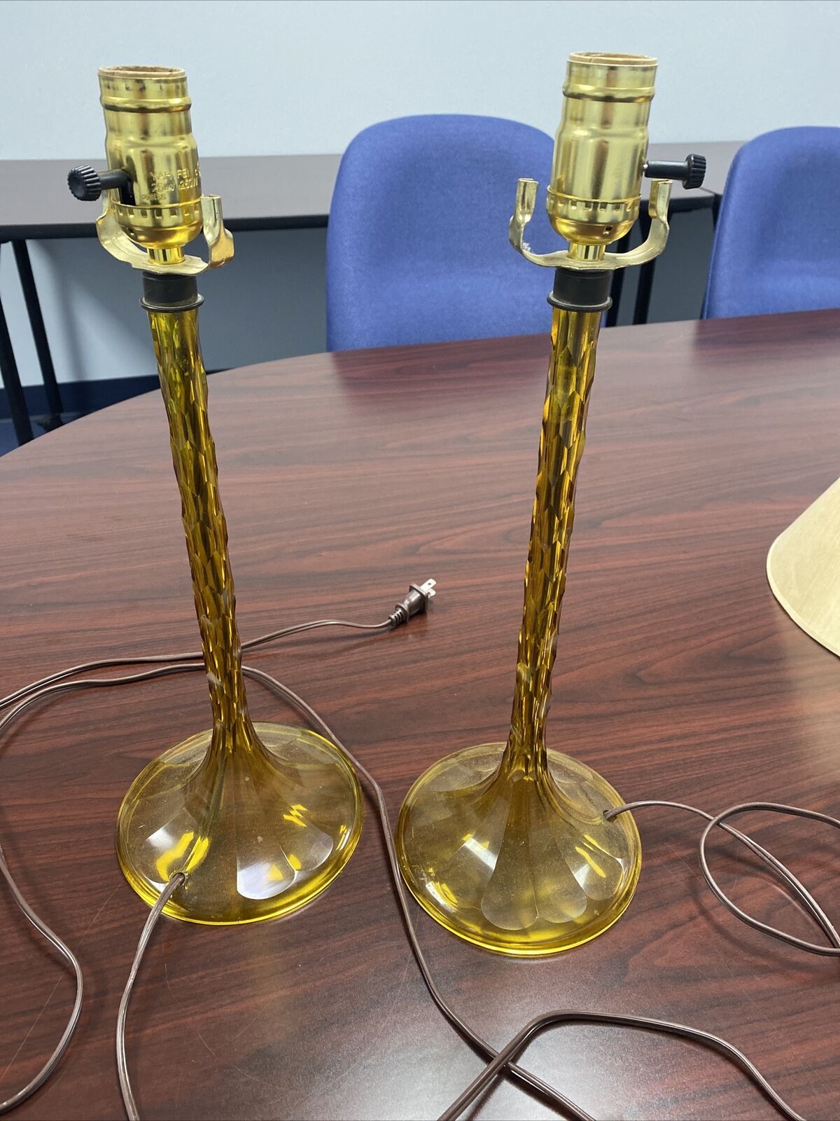Pair Antique Vintage Vaseline Amber Glass Candlestick Lamps Mid Century Modern
