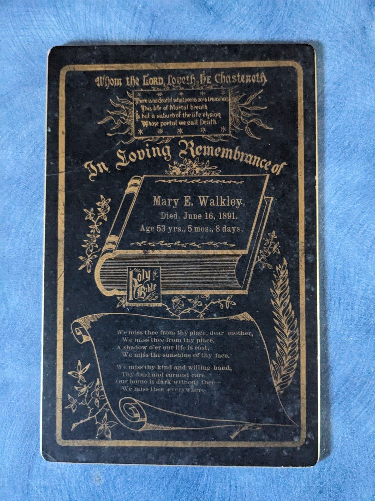 Antique Victorian Mourning Funeral Card Post Mortem 1891 Mary E. Walkley