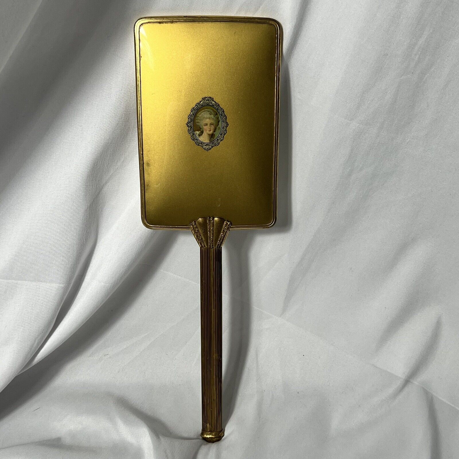 Antique Vtg Hand Held Vanity Mirror Gold Tone Handle 13