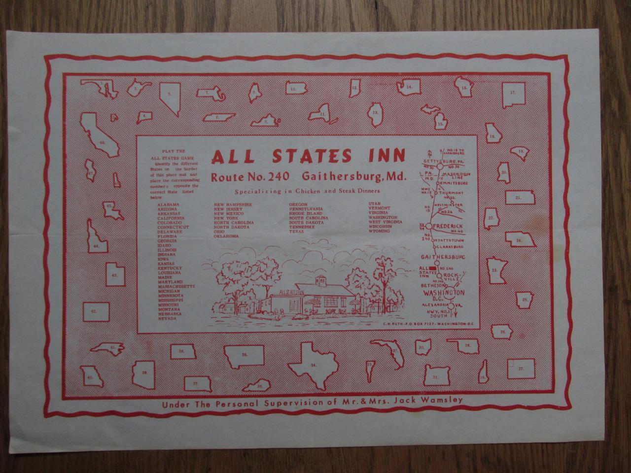 Old Souvenir Paper Placemat - All States Inn - Gaithersburg MD - 1950s - EXC