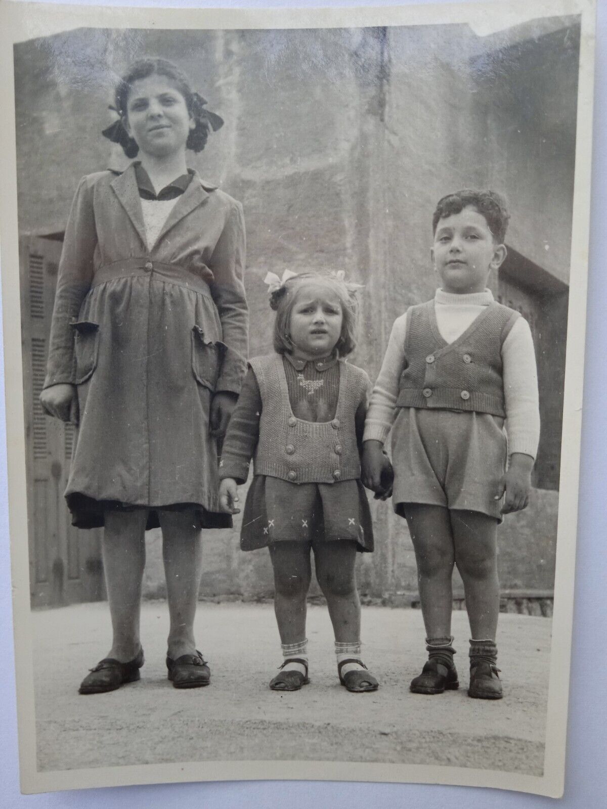 Two Cute Greek Girls & one Boy Real Found Original Vintage Old Photo GREECE VTG