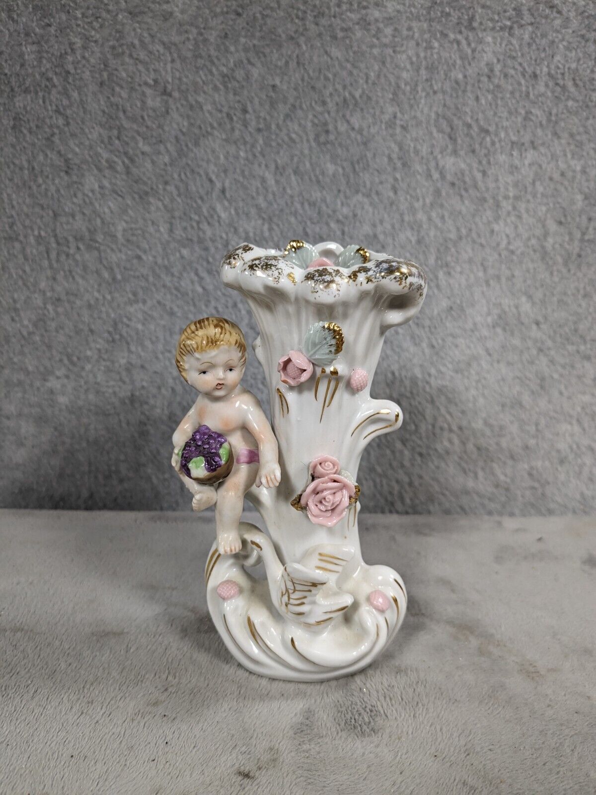 Camille Naudot Bud Vase French Cherub with Swan and Pink Roses 6\