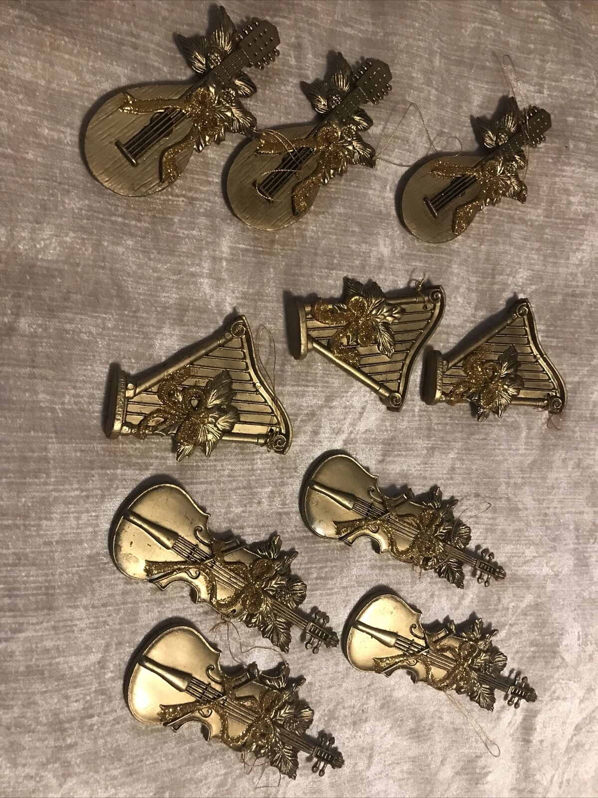 10 Vin Hard Gold Plastic Musical Instruments Christmas Ornaments Mid Century