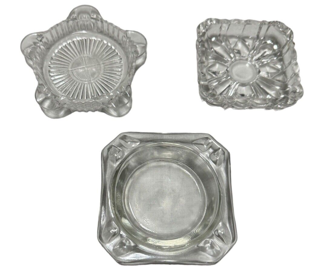 Lot Of 3 Vintage Crystal Small Ashtrays Square And Round  