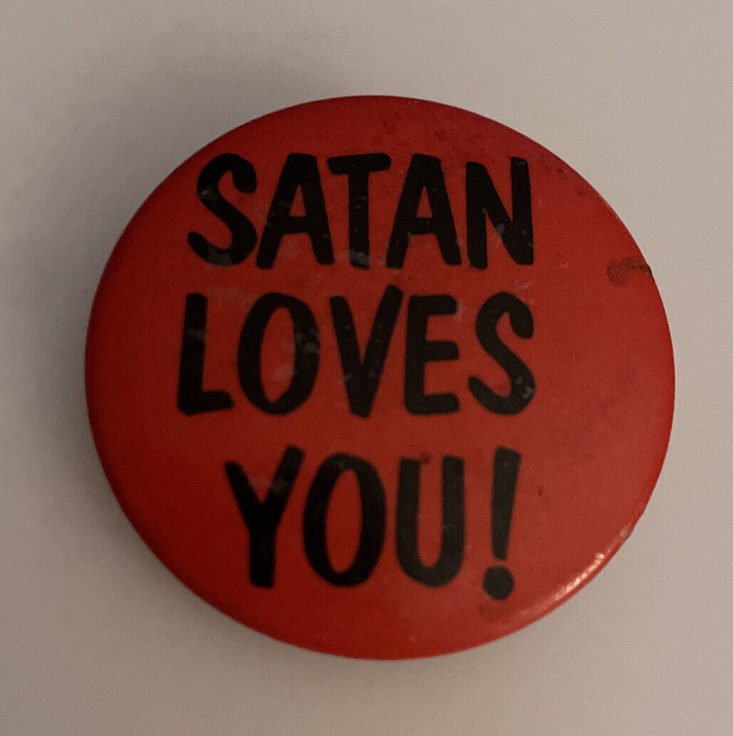 Vintage 1 3/8” Halloween Pin back Button Satan Loves You Red