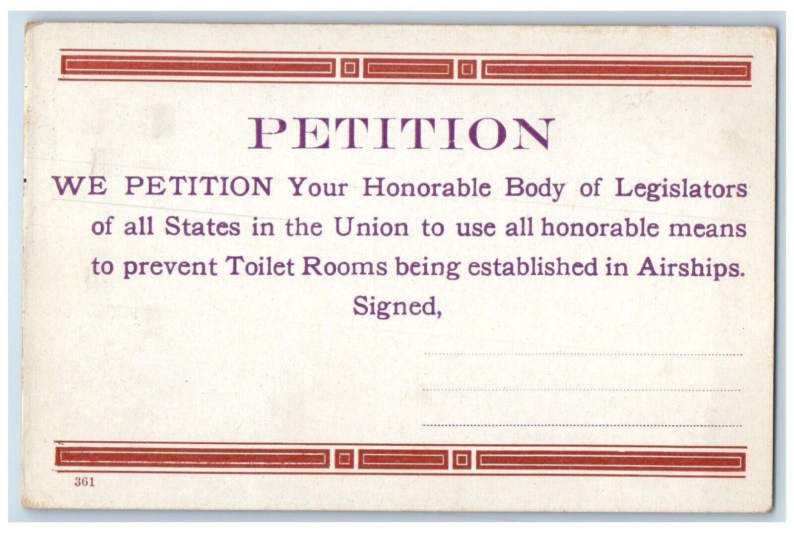 c1910\'s Petition No Toilets On Airships Weird Humor Unposted Antique Postcard