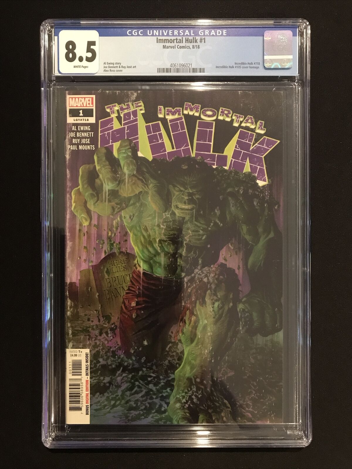 IMMORTAL HULK #1 CGC 8.5 WHITE PAGES / ALEX ROSS COVER 2018