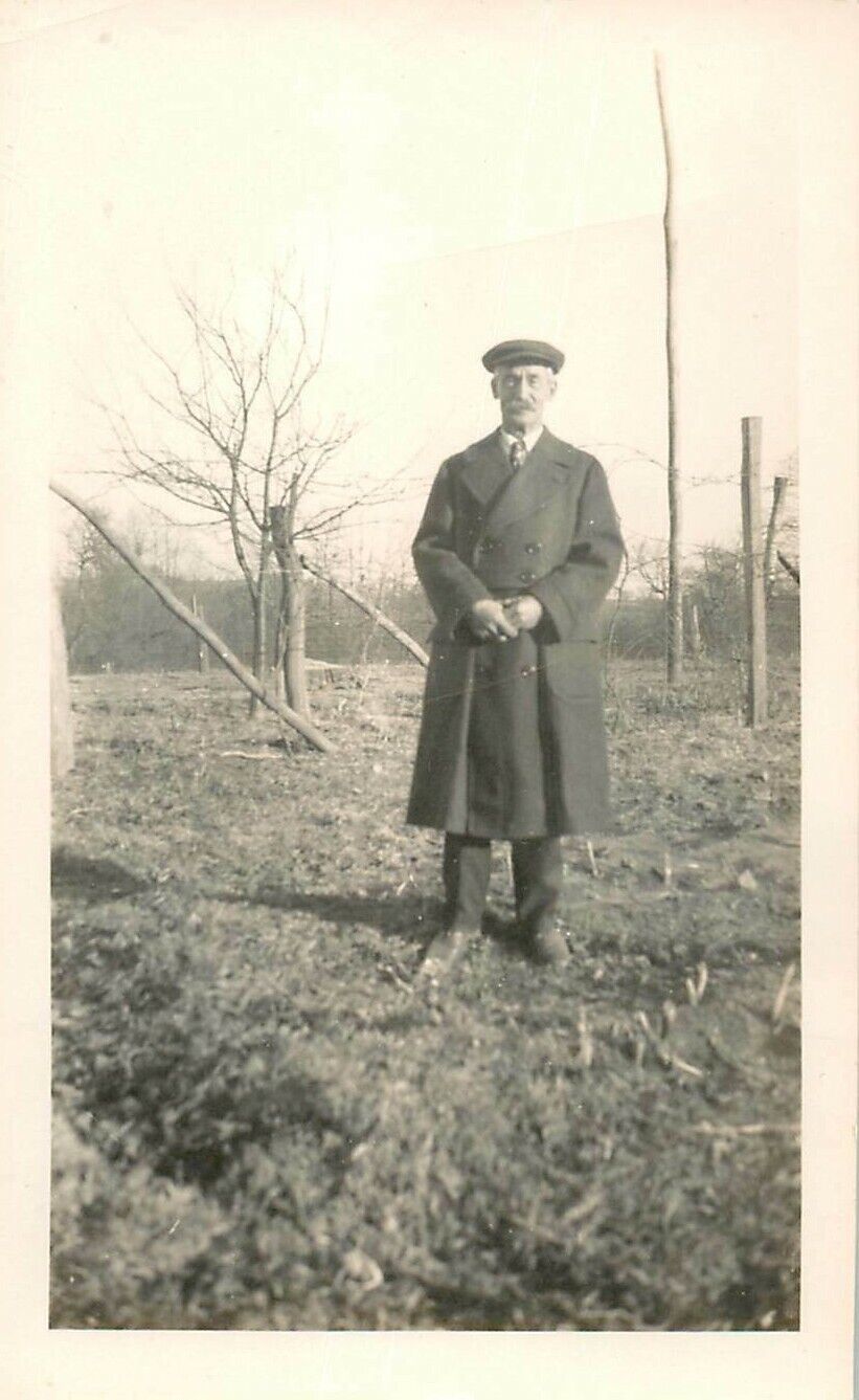 Vintage 1920s Solemn Older Man Hands Folded Overcoat Outside B&W Photo