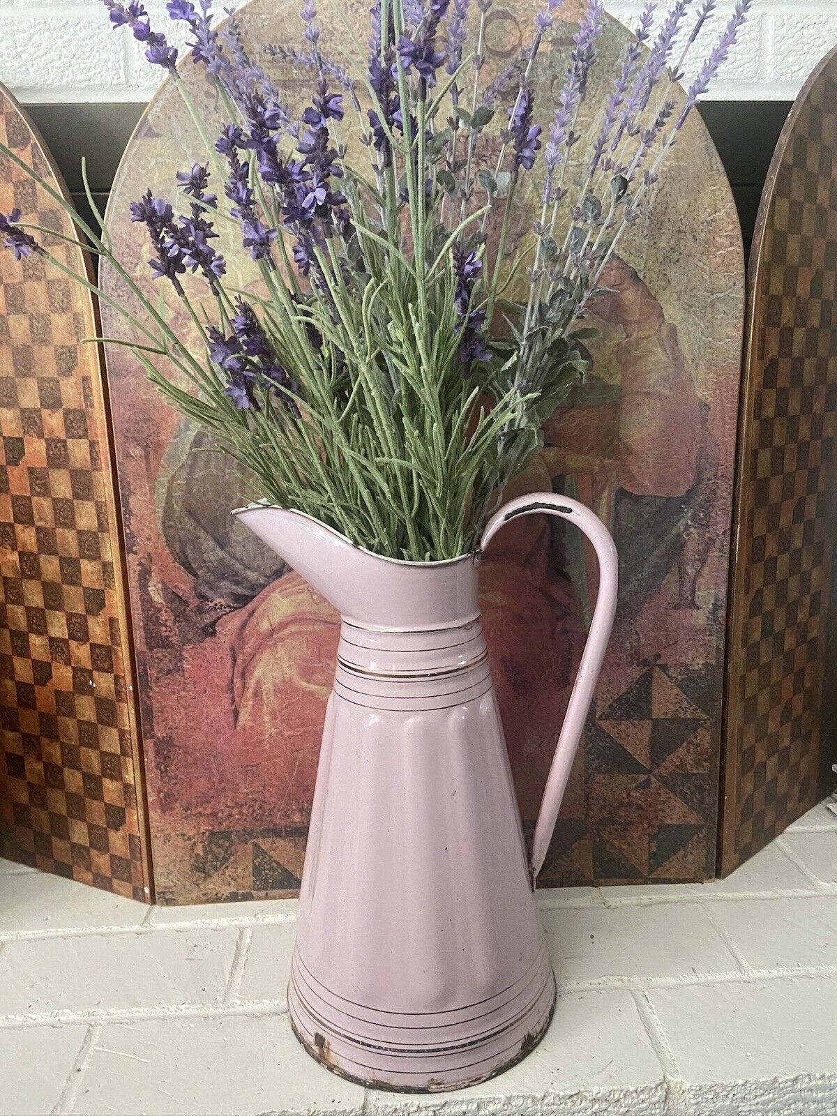 Vintage French Enamelware Body Bath Pitcher Ribbed Pink w/Gold Accents c. 1920s