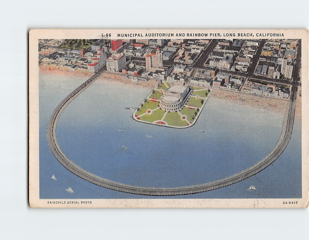 Postcard Municipal Auditorium and Rainbow Pier Long Beach California USA