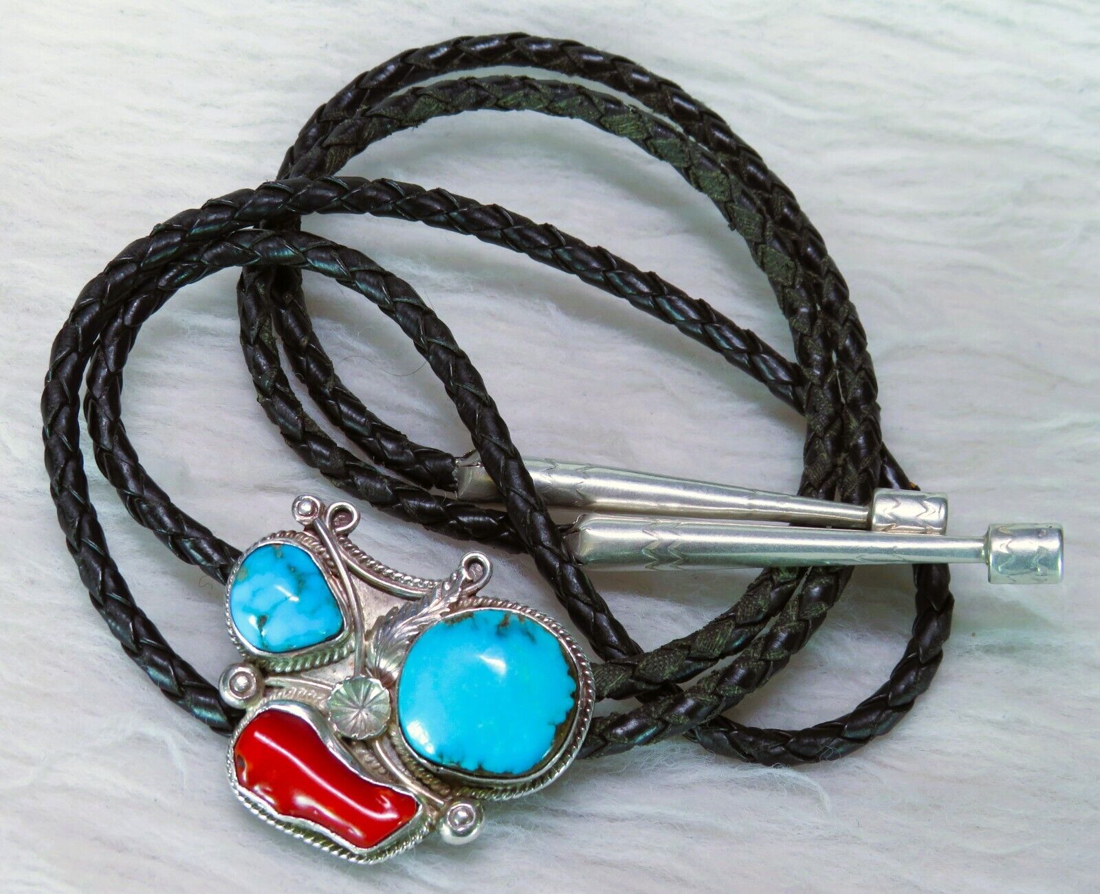 sm. bold Navajo signed Bolo Tie Turquoise and Coral